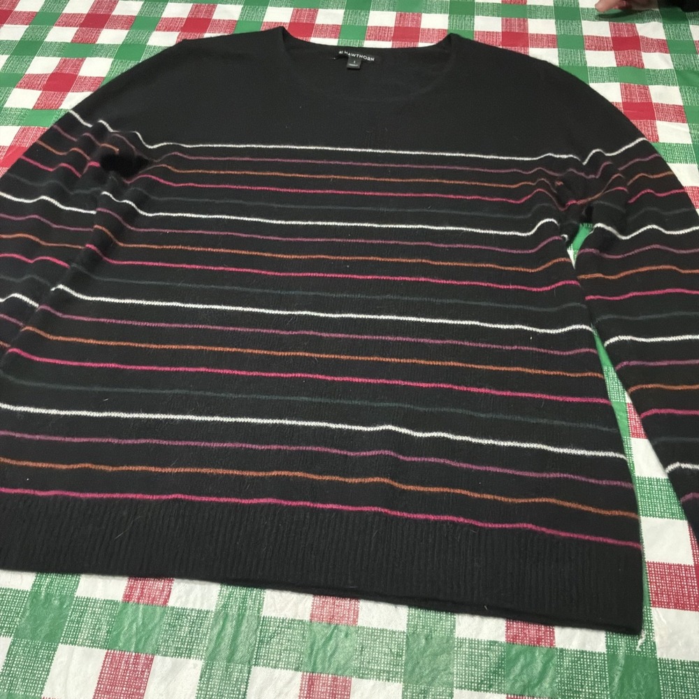 41 Hawthorn Cashmere Preppy Sweater Women Black Beige Work Travel L Striped